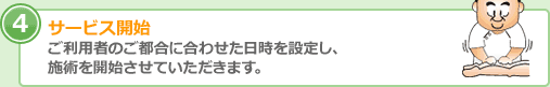 サービス開始 ご利用者のご都合に合わせた日時を設定し、 施術を開始させていただきます。